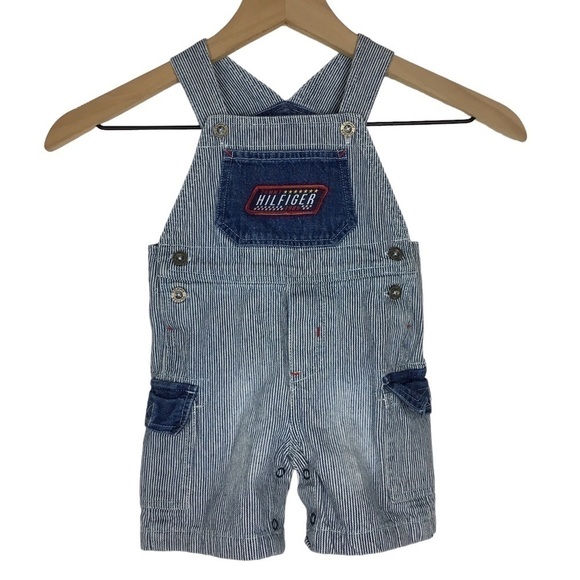 TOMMY HILFIGER Baby Overalls Denim Pinstripe Stripe Bibs Painter Patch Size 12M - Picture 1 of 13